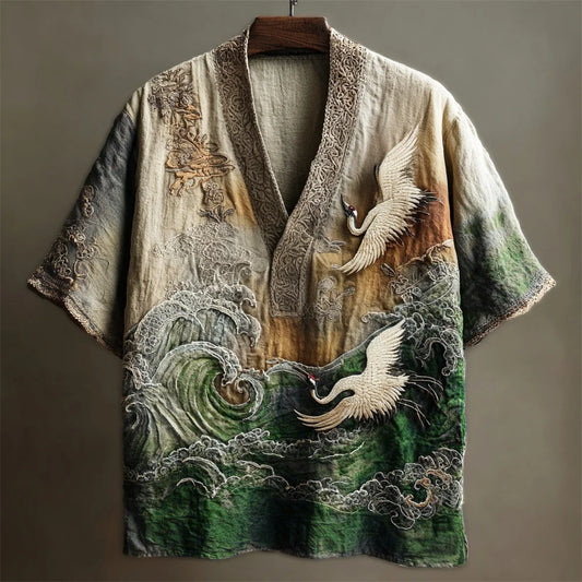 Origami Clothing's Crane & Ocean Wave V-Neck Shirt – Japanese Artistic Casual Wear