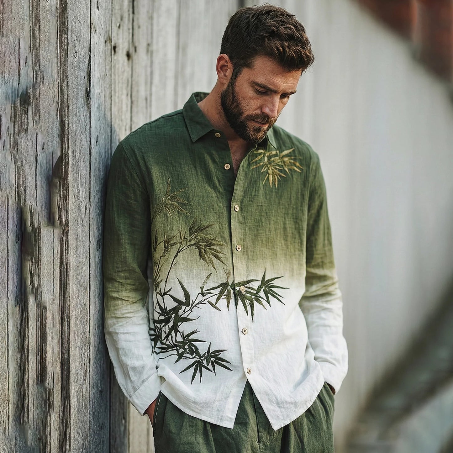 Origami Clothing's Ombre Bamboo Print Linen Shirt for Men – Elegant Nature-Inspired Casual Wear