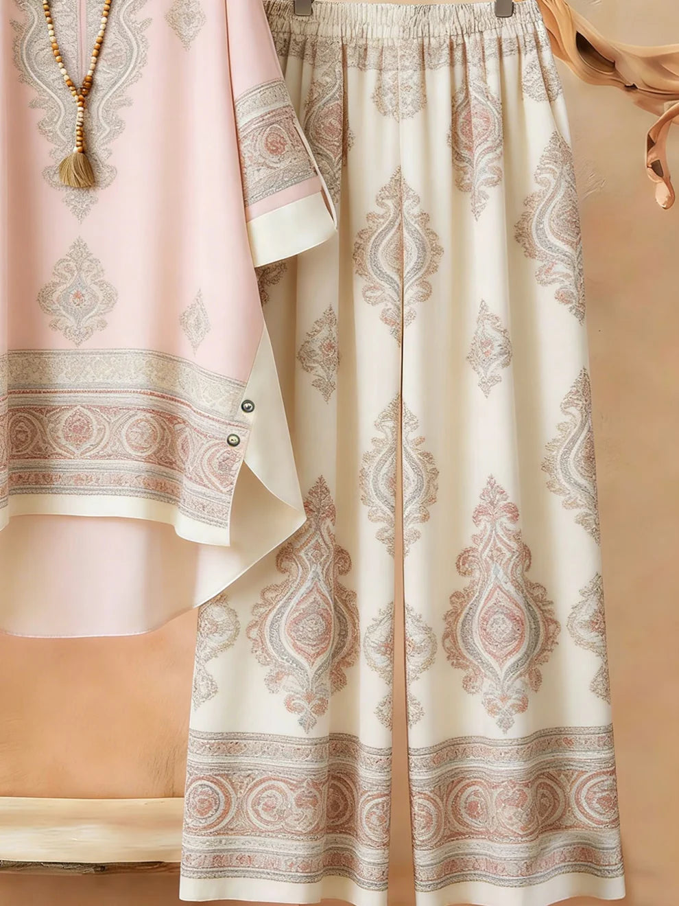 Origami Clothing’s Elegant Blush Pink Printed Kurta & Wide Leg Pants Set for Women