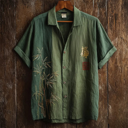 Origami Clothing's Green Bamboo Embroidered Japanese Style Linen Shirt