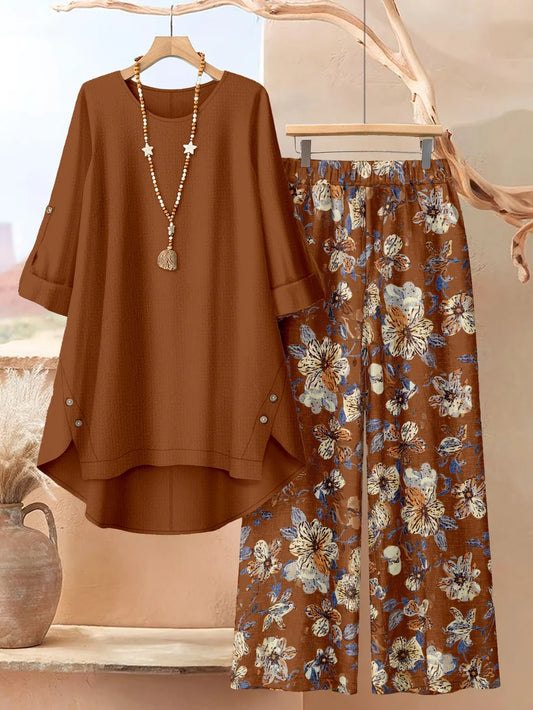 Origami Clothing’s Brown Kurta with Floral Printed Wide Leg Pants Set for Women