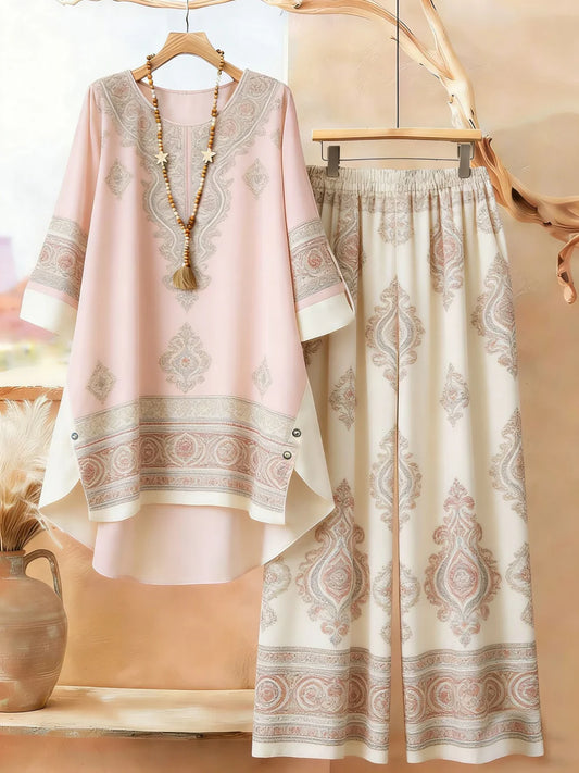 Origami Clothing’s Elegant Blush Pink Printed Kurta & Wide Leg Pants Set for Women