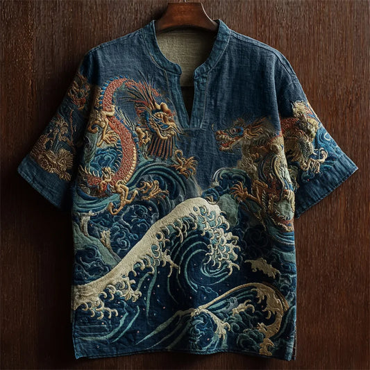 Origami Clothing's Dragon Wave Embroidered Japanese Style Linen Shirt