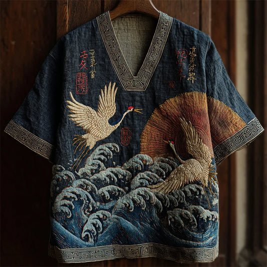 Origami Clothing's Rising Crane Wave Embroidered Linen Designer Shirt
