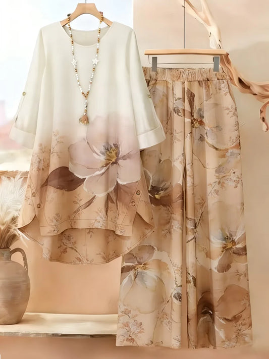 Origami Clothing’s Beige Floral Printed Kurta & Wide Leg Pants Set for Women