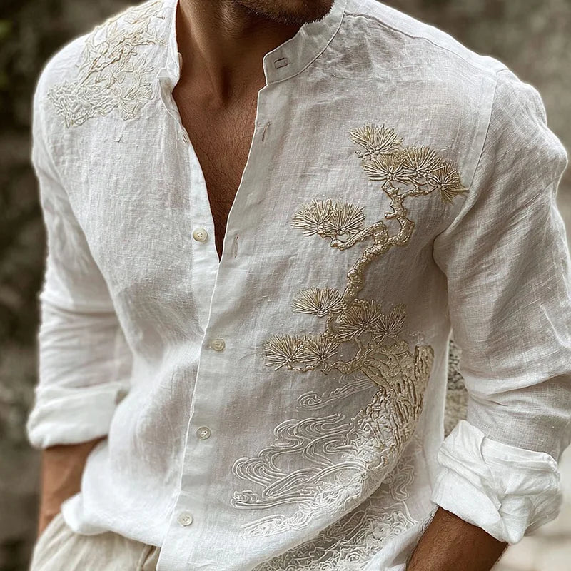 Origami Clothing's White Pine Tree Embroidered Japanese Style Linen Shirt