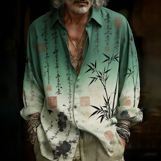 Origami Clothing's Bamboo Calligraphy Printed Linen Shirt – Premium Artistic Casual Wear for Men
