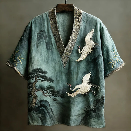 Origami Clothing's Crane & Pine Japanese Style Embroidered Shirt