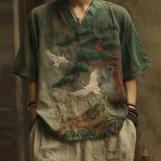 Origami Clothing's Crane & Pine Tree Japanese Style Linen Shirt