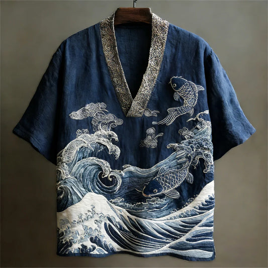 Origami Clothing's Koi Wave Japanese Style Linen Shirt