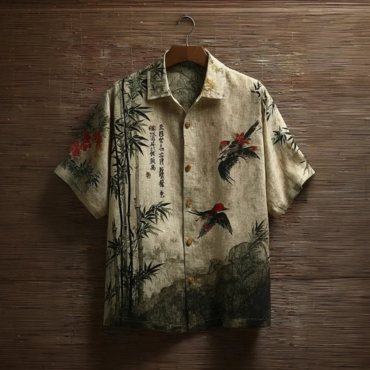Origami Clothing's Bamboo & Crane Japanese Art Linen Shirt
