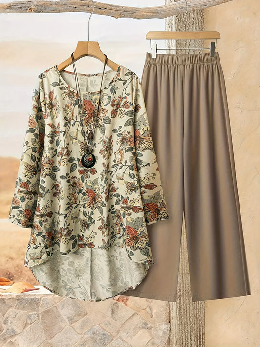 Origami Clothing’s Beige Floral Printed Kurta with Solid Wide Leg Pants Set for Women