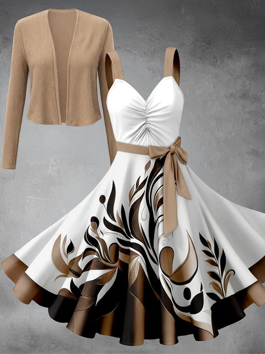 Origami Clothing’s Elegant White Floral Print Dress with Waist Tie & Beige Knit Cardigan Set