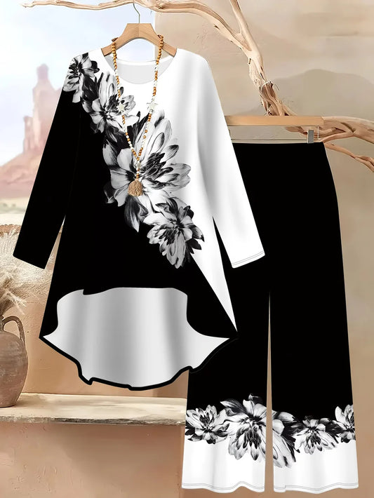 Origami Clothing's Black & White Floral Tunic Top & Wide-Leg Pants Set for Women