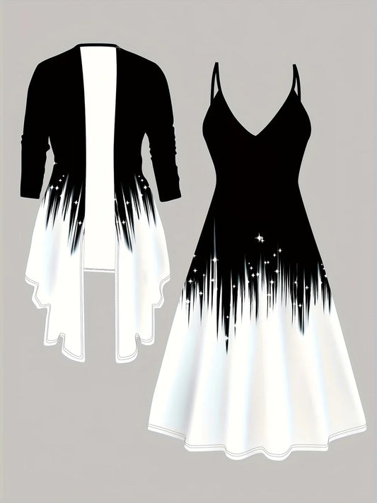 Origami Clothing’s Elegant Black & White Ombre Sparkle Dress with Matching Sheer Cardigan