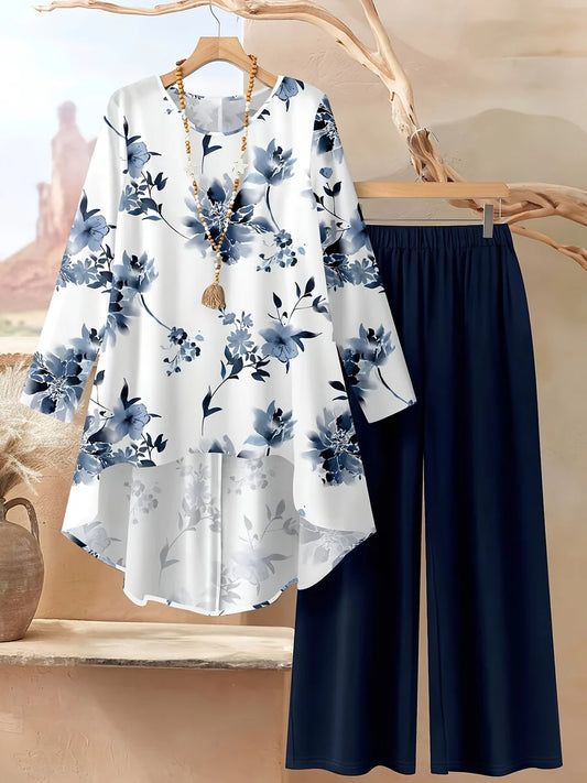 Origami Clothing's Elegant Blue Floral Tunic Top & Wide-Leg Pants Set for Women