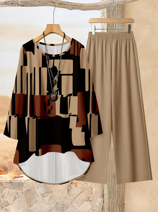 Origami Clothing's Abstract Print Tunic Top & Beige Wide-Leg Pants Set for Women