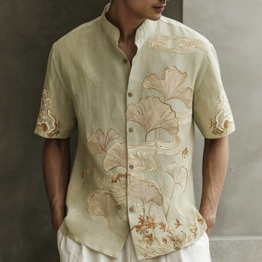 Origami Clothing's Ginkgo Leaf Embroidered Japanese Style Linen Shirt