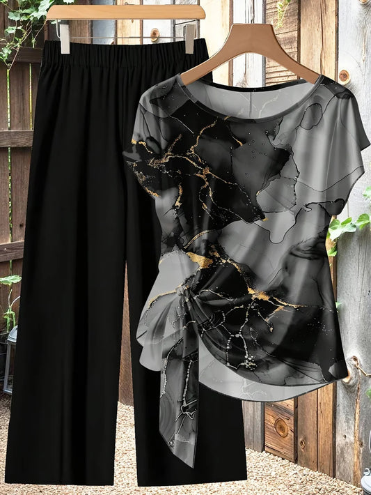 Origami Clothing's Elegant Marble Print Top & Black Wide-Leg Pants Set for Women