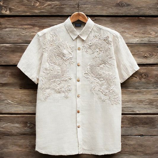 Origami Clothing's Twin Dragon Embroidered Japanese Style Linen Shirt