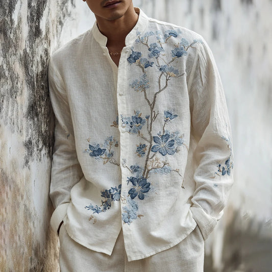 Origami Clothing's Ivory Blue Blossom Embroidered Linen Shirt – Premium Elegant Designer Shirt for Men