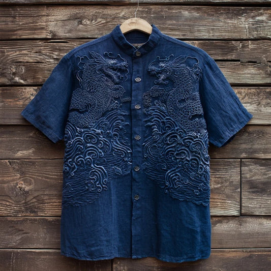 Origami Clothing's Indigo Dragon Embroidered Japanese Style Linen Shirt