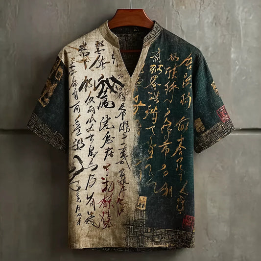 Origami Clothing's Dual Tone Calligraphy Linen Shirt – Premium Artistic Statement Shirt for Men