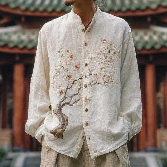 Origami Clothing's Sakura Tree Embroidered Japanese Linen Shirt