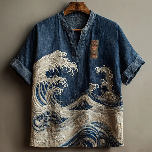 Origami Clothing's Indigo Great Wave Embroidered Designer Shirt