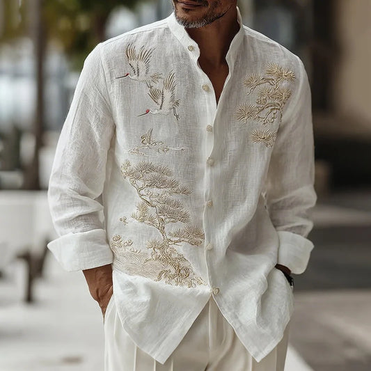 Origami Clothing's Crane & Pine Embroidered Japanese Style Linen Shirt