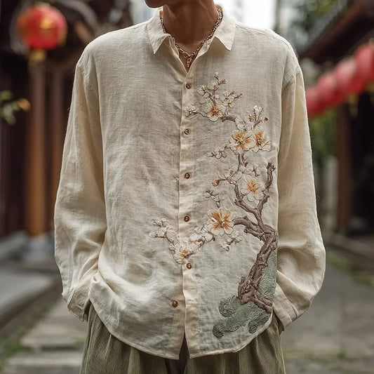Origami Clothing's Sakura Blossom Embroidered Japanese Linen Shirt