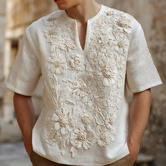 Origami Clothing's Ivory Floral Embroidered Japanese Linen Shirt