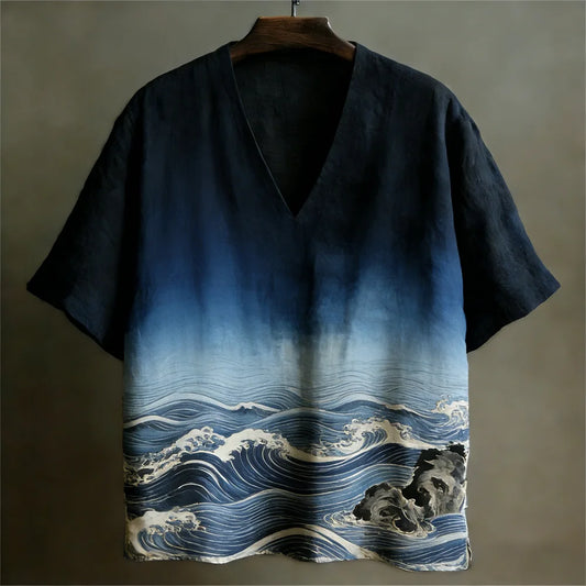 Origami Clothing's Japanese Ocean Wave Gradient Linen Shirt