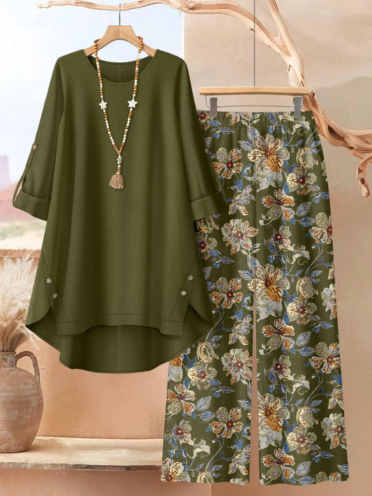 Origami Clothing’s Olive Green Kurta with Floral Printed Wide Leg Pants Set for Women