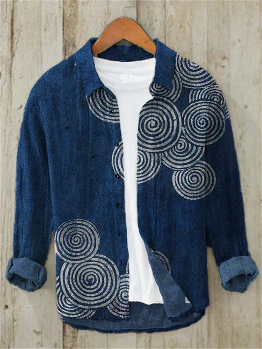 Origami Clothing's Indigo Spiral Pattern Japanese Style Linen Shirt