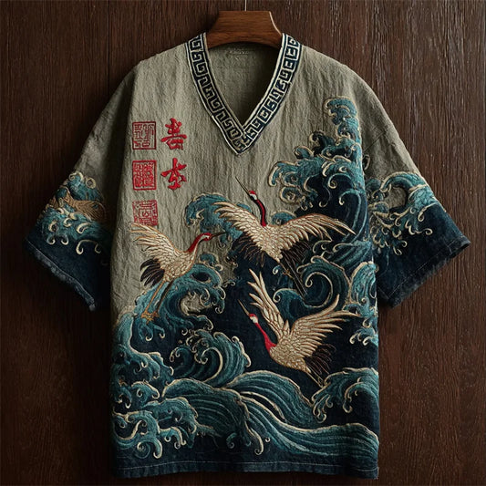 Origami Clothing's Crane Wave Embroidered Japanese Style Linen Shirt