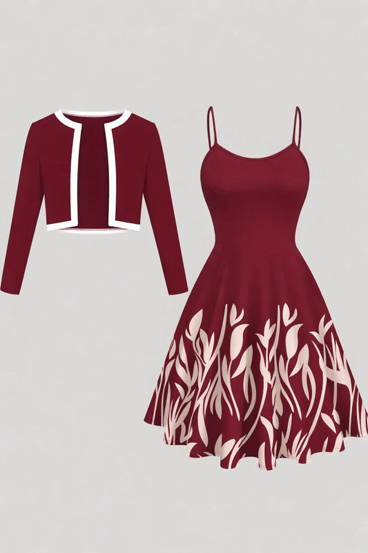 Origami Clothing’s Elegant Red Floral Print Dress with Spaghetti Straps & Cropped Cardigan Set