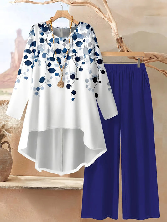 Origami Clothing's Blue Floral Print Tunic Top & Wide-Leg Pants Set for Women