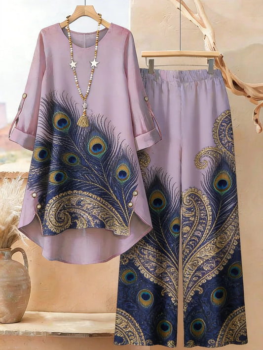 Origami Clothing’s Lavender Peacock Print Kurta & Wide Leg Pants Set for Women