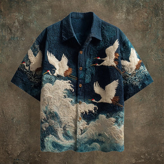 Origami Clothing's Crane & Ocean Wave Printed Shirt – Artistic Japanese Style Casual Wear