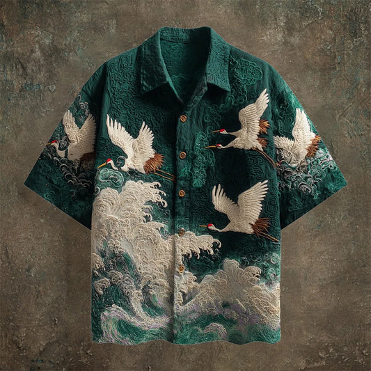 Origami Clothing's Crane & Ocean Wave Printed Shirt – Artistic Japanese Style Casual Wear