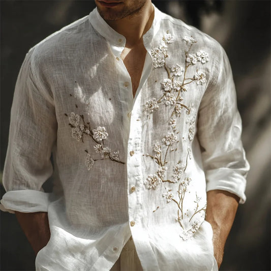 Origami Clothing's Ivory Blossom Embroidered Linen Designer Shirt