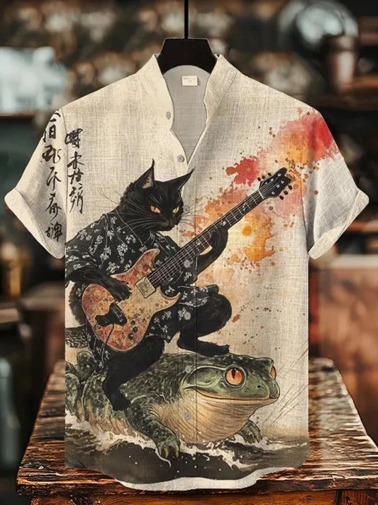 Origami Clothing's Guitar Cat Printed Kurta Style Shirt – Artistic Funk Casual Wear