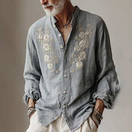 Origami Clothing's Grey Floral Embroidered Linen Designer Shirt