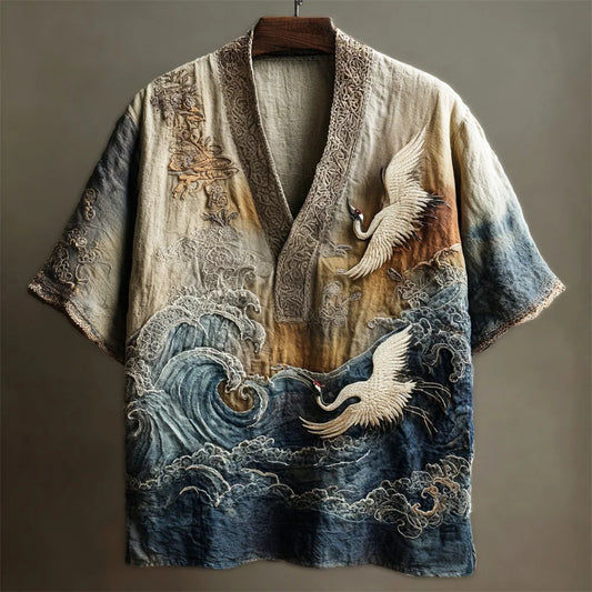Origami Clothing's Crane & Ocean Wave V-Neck Shirt – Japanese Artistic Casual Wear