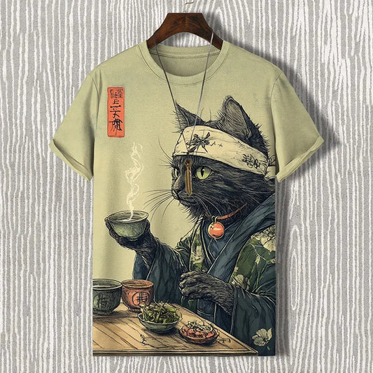 Origami Clothing's Samurai Cat Tea Art Graphic T-Shirt