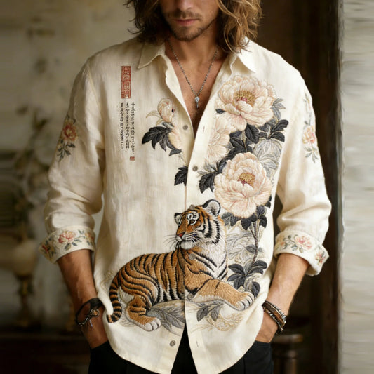 Origami Clothing's Royal Tiger & Peony Embroidered Designer Shirt