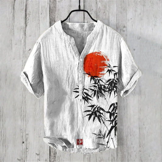 Origami Clothing's Red Sun & Crane Embroidered Linen-Blend Shirt