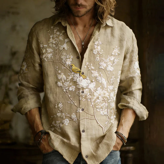 Origami Clothing's Golden Finch Sakura Embroidered Designer Shirt