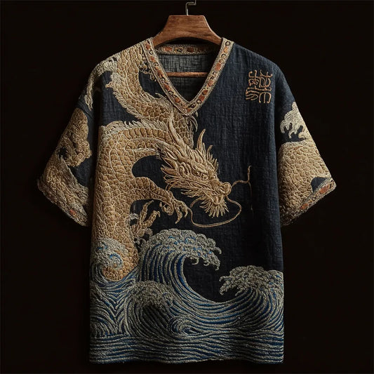Origami Clothing's Imperial Dragon Wave Embroidered Linen Designer Shirt